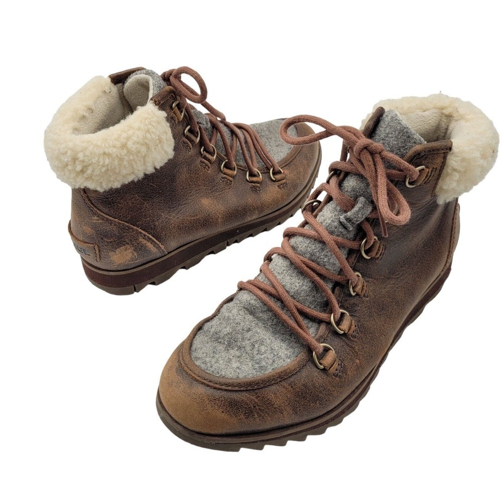 Sorel Harlow Lace Cozy Winter Ankle Boots Womens sz 8 Brown Leather Waterproof